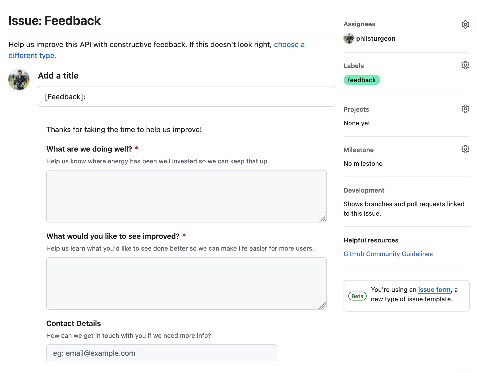 Text-boxes embedded in a new Github issue using the GitHub Form syntax